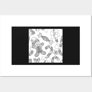 Monochrome Merry Christmas Pattern, New Year Illustration Posters and Art